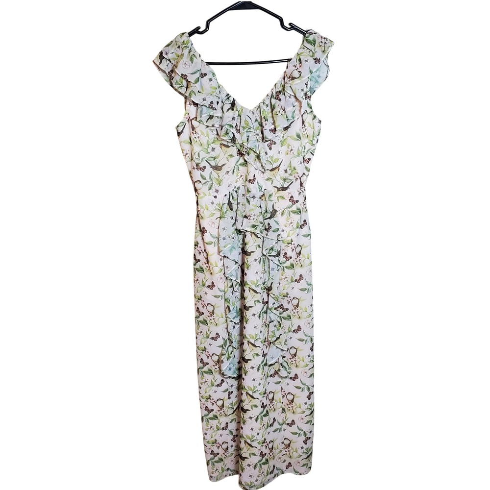 Anthropologie Senlis Ruffle V-Neck Bird Butterfly Floral Maxi Dress Cream XS